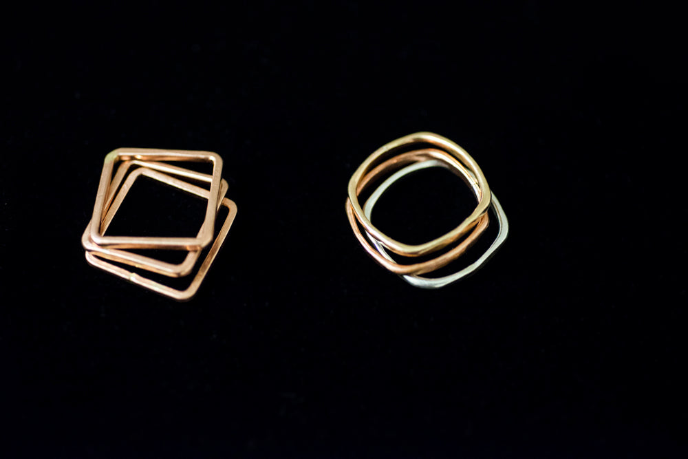 Square or Rounded Square Hammered Band Rings
